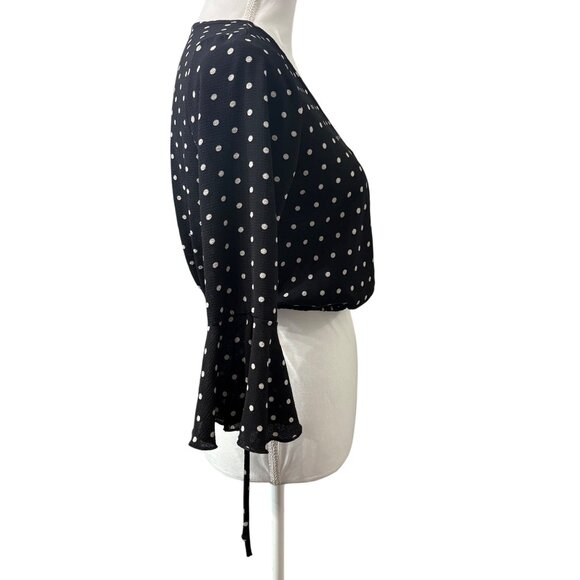 Black Polka Dot Wrap Crop Top Blouse W/ Ruffled Bell Sleeves By Clé Luv- Size S - Picture 4 of 13